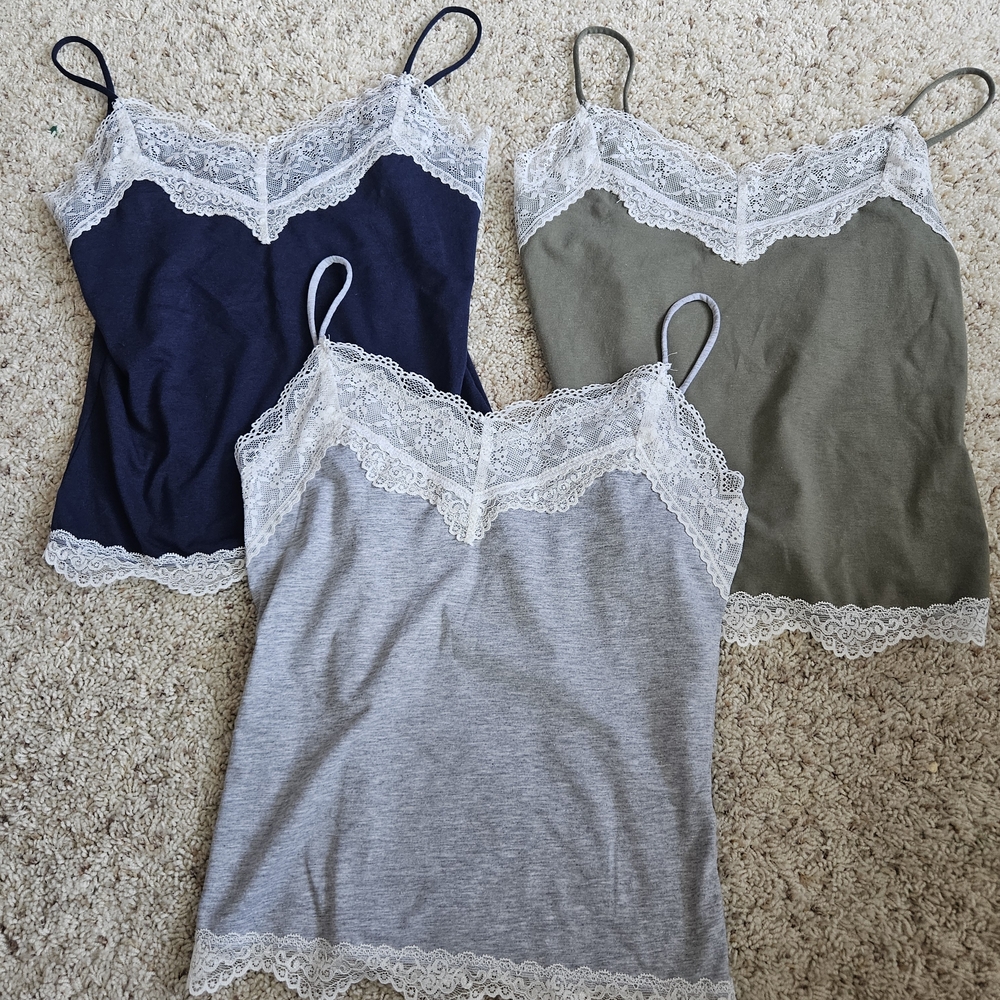 Heart Hips Lace Trim Camisole Trio — Navy, Olive, Heather Gray